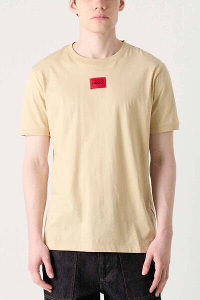 HUGO Erkek Pamuklu Logo Detaylı Yuvarlak Yaka Bej1 T-Shirt