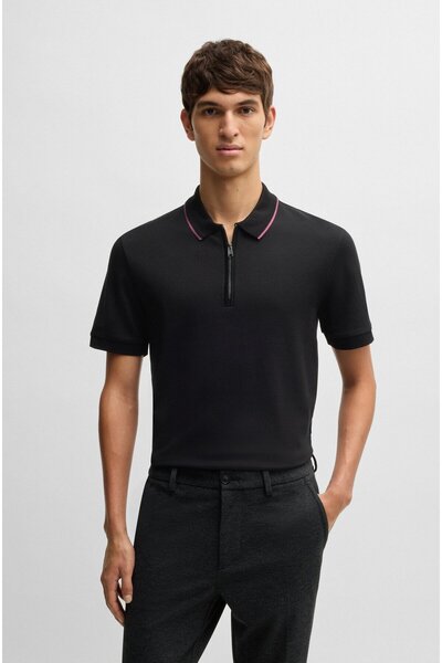 BOSS Erkek Regular Fit %100 Pamuklu Kısa Kollu Fermuarlı Siyah Polo Yaka T-Shirt