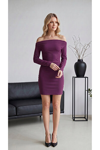Rokka Moda Madonna Yaka Mini Elbise Slim Fit Uzun Kollu Zarif Kesim
