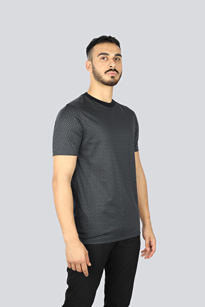 BOSS Erkek Desenli Bisiklet Yaka Kısa Kol Antrasit T-Shirt