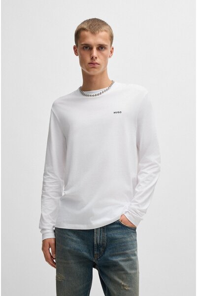 HUGO Men's Brand Logo Long Sleeve Crew Neck Casual White T-Shirt