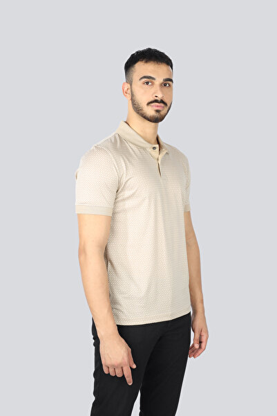 BOSS Erkek Desenli Polo Yaka Marka Logolu Kısa Kol Bej Polo Yaka T-Shirt