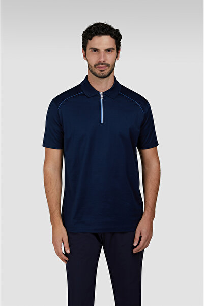 PAUL&SHARK Erkek Regular Fit %100 Pamuklu Kısa Kollu Yarım Fermuarlı Lacivert...