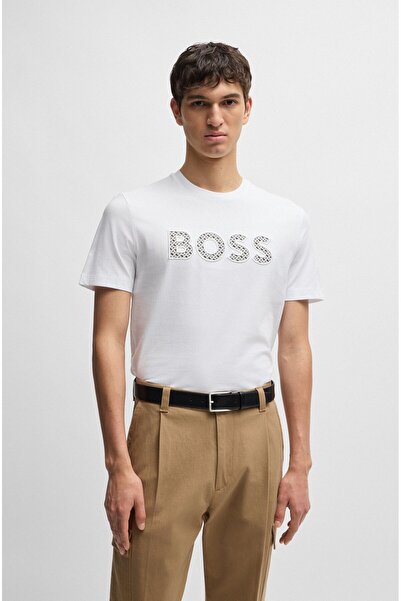 BOSS Erkek Büyük Logo Detaylı Kısa Kol Günlük Beyaz1 T-Shirt