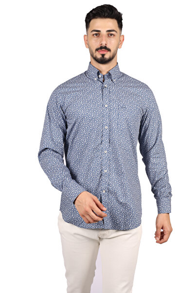 PAUL&SHARK Men's Regular Fit Patterned Long Sleeve Navy Blue-White Shirt