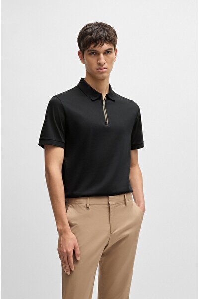 BOSS Erkek Polo Yaka Fermuar Kapamalı Logolu Kısa Kol Siyah Polo Yaka T-Shirt