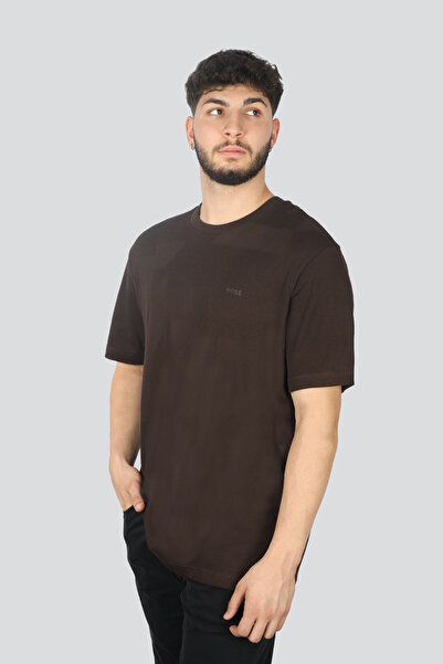 BOSS Erkek Pamuklu Marka Logolu Yuvarlak Yaka Kahverengi T-Shirt