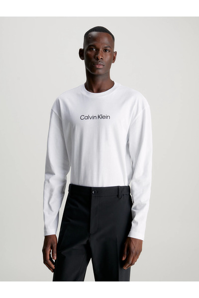 Calvin Klein Erkek Marka Logolu Uzun Kollu Rahat Beyaz T-Shirt