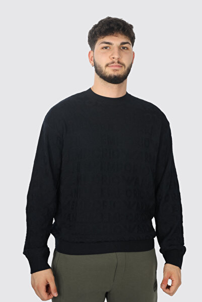 Emporio Armani Men's 100% Wool Navy Blue Sweater with Crew Neck and Long Sleeves