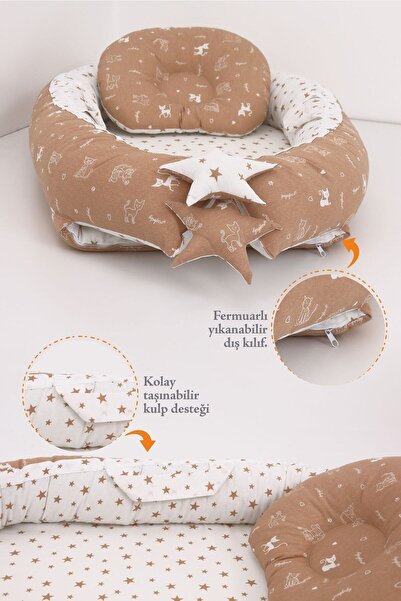 Umaybebek Babynest, Bebek Uyku Yatağı, Yatak - 0-2 Yaş - Pamuk Kumaş - Kahve Kedi Desen Yıldız