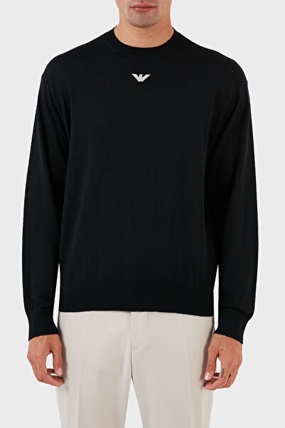 Emporio Armani Men's Brand Logo Detailed Crew Neck Regular Fit Navy Blue Swea...