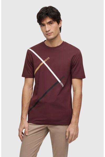BOSS Erkek regular fit Kısa Kollu Düz Bisiklet Yaka Bordo T-Shirt