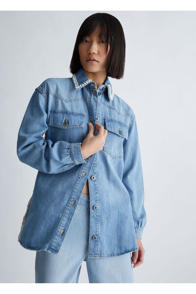 liu.jo Kadın Denim Kumaş Gömlek Yakalı Cep Detaylı Mavi Ceket