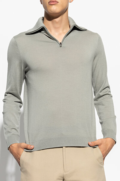 Emporio Armani Men's Long Sleeve Stand Collar Logo Khaki Sweater