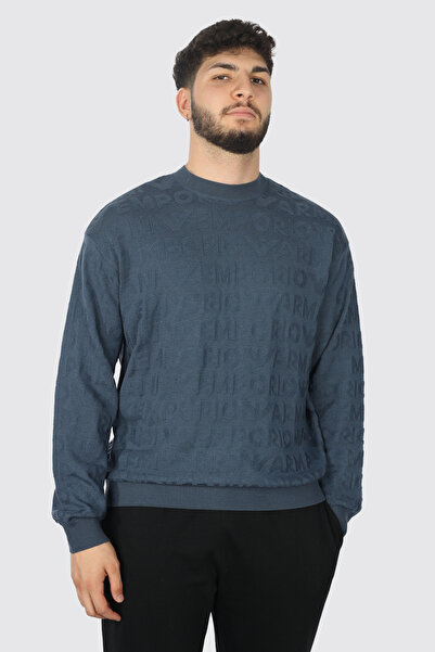 Emporio Armani Men's 100% Wool Blue Sweater with Crew Neck and Long Sleeves