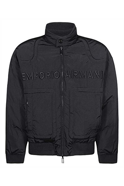 Emporio Armani معطف شتوي باللون الأزرق الداكن مع سحاب للإغلاق مع شعار للرجال