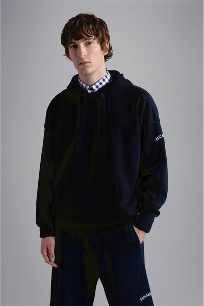 PAUL&SHARK Erkek Logolu Kapüşonlu Uzun Kollu Kanguru Cep Lacivert Sweatshirt