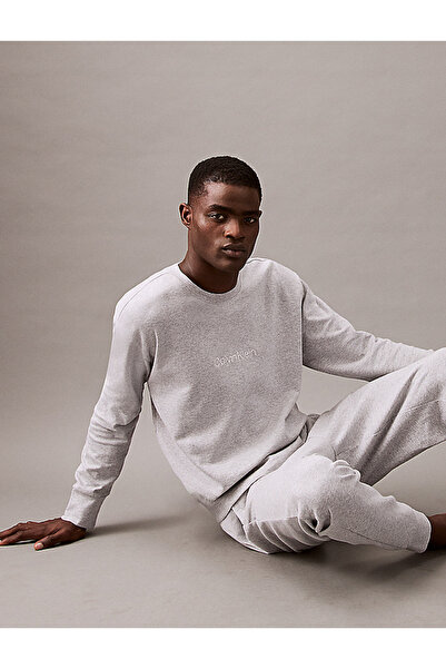 Calvin Klein Erkek Sıfır Yaka Baskılı Rahat Kesim Günlük Gri Sweatshirt