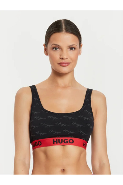 HUGO Kadın Desenli Halter Yaka Kolsuz Slim Fit Siyah-Kırmızı Spor Sütyen
