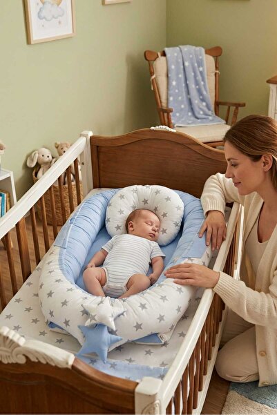 Umaybebek Babynest، سرير نوم للأطفال 0-2 سنة - 100% قطن - نجمة بيضاء زرقاء