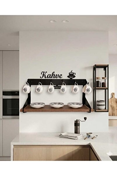 Arencraft Kahve köşesi standı /6'lı fincan askılığı / Kahve yazılı tek raflı ...