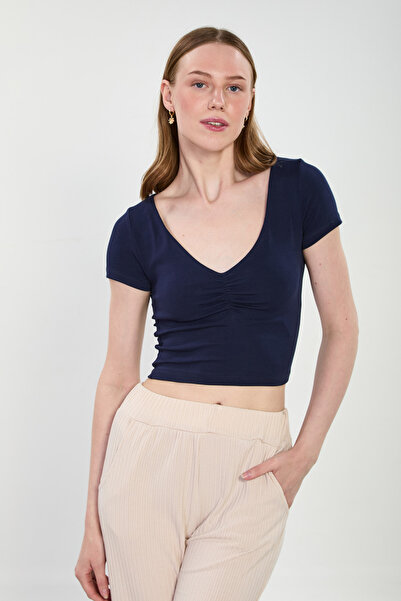 BARRELS AND OIL Γυναικείο κορμάκι με V λαιμόκοψη και σούρες μπροστά - Μπλε να...