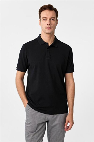 SÜVARİ Siyah Regular Armürlü Polo Yaka Tişört
