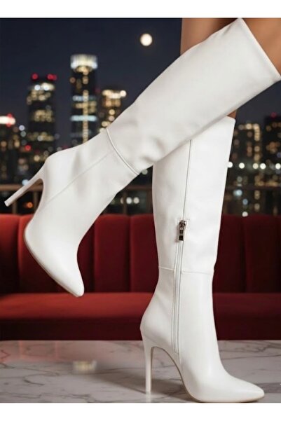 Afilli Γυναικείες λευκές σέξι λεπτές χειμερινές μπότες με ψηλό τακούνι και φε...
