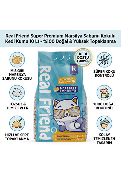 Real Friend Marsilya Sabun Kokulu Süper Premium % 100 Doğal Kedi Kumu 10 Lt