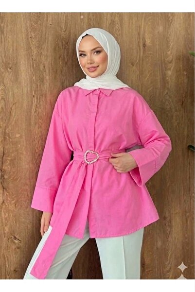 onlymoon Ροζ υφαντό ύφασμα, πουκάμισο με μακριά ζώνη, γυναικείο, με λεπτομέρε...