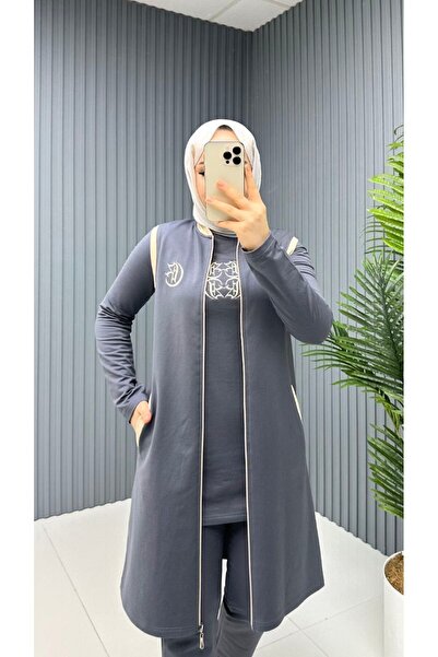 moda4b 3'lü Tesettür Tunik Pantolon ve Yelek Takımı – İki iplik Pamuk Kumaş n...