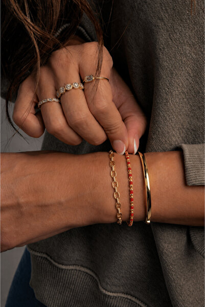 OJ Own Jewelry 925 Ayar Gümüş Mineli Top Zincir Bileklik 14 Ayar Altın Kaplam...