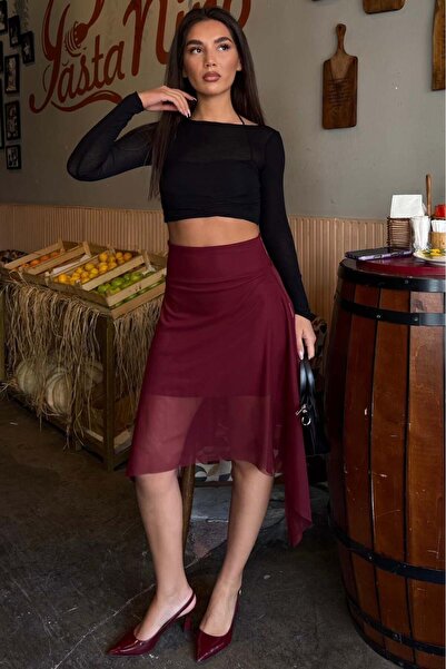 Madmext Μπορντό σιφόν ασύμμετρη μίντι φούστα MG2777