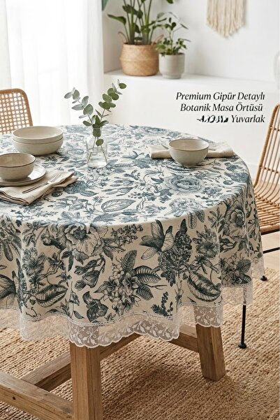 Rona Home Στρογγυλό τραπεζομάντιλο με κορδόνια και σχέδιο πράσινων φύλλων, πο...