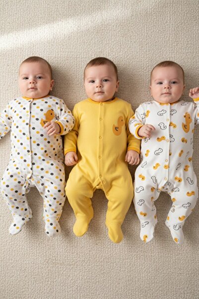 Mou&Kou 3-Piece Combination Baby Romper Set 100% Cotton Duck Patterned Long S...