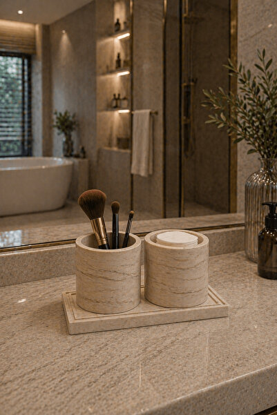 Lethe Design Banyo Organizer Seti Tepsili – Kulak Çubuğu ve Diş İpi Kabı Deko...