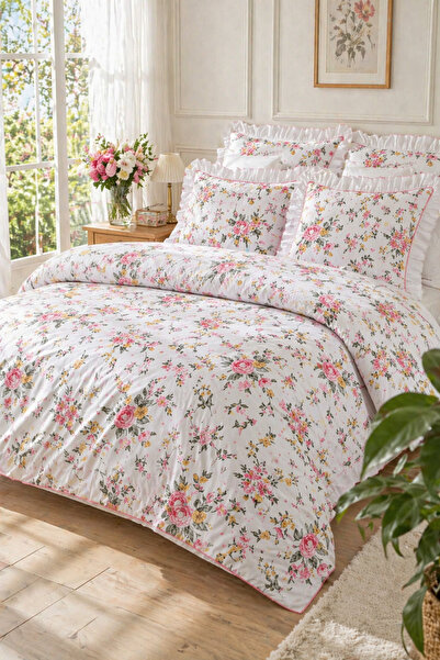 GÖRMEZ TEKSTİL Μαλακό βαμβακερό σετ κλινοσκεπασμάτων με βολάν Double Rose Ele...