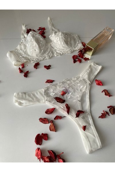 LORE SORTA LINGERIE Women's Non-Showing Floral Embroidered Embroidery Underwire Bottom Top Bra Set