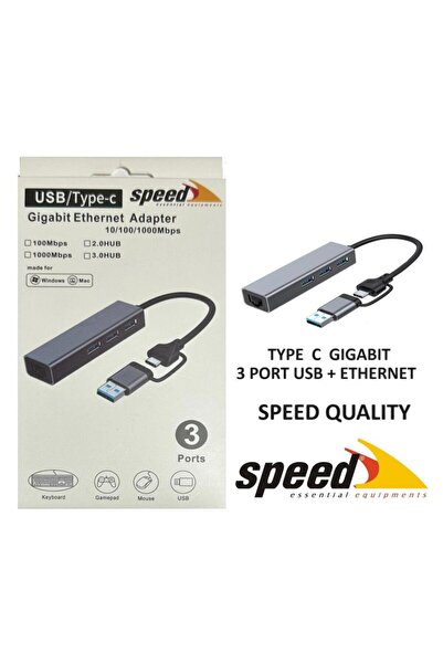 Genel Markalar UET01 10-100-1000 USB - Type c 3 Port USB 3.0 Çoklayıcı Gigabi...