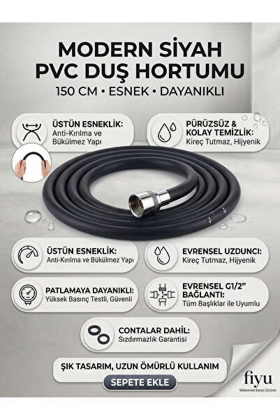 FİYU TEDARİK Esnek Siyah Duş Hortumu - 150 cm Patlamaya Dayanıklı PVC