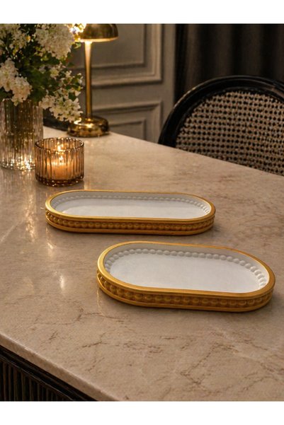 Sabletscrafts Double Beaded Gold Stone Powder Decorative Tray Set Large 25X12 cm & Small 18X11 cm Living Room Coffee Table