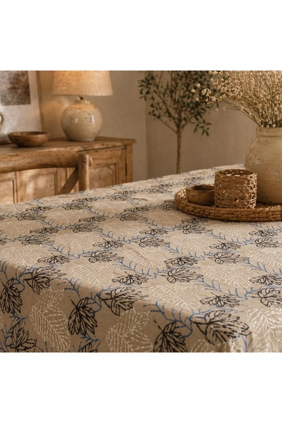 MER HOME Μποέμ Βίντατζ Λινό Τραπεζομάντιλο με Λεπτομέρεια Κεντήματος και Σχέδ...