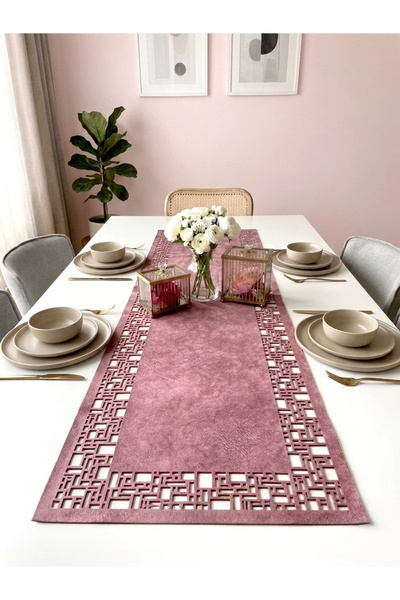 Ergüven Home Ροζ Suede Fabric Runner 40x140 cm Μήκος τραπεζιού - Γεωμετρικό τ...