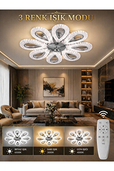 Marsel Lighting yagmur 8li kromKUMANDALI avize 3 renk led secenekli salon otu...