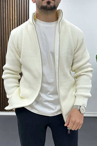 Edwox Ανδρική ζακέτα με εφαρμοστό φερμουάρ Ecru Edw434