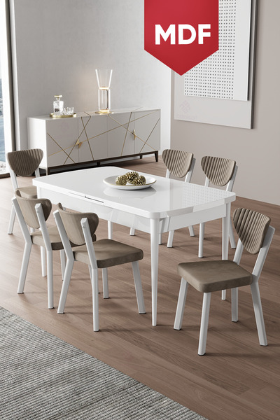 Canisa Exve Serisi MDF 80x132 Açılabilir Beyaz Masa Takımı ve 6 Cappucino San...