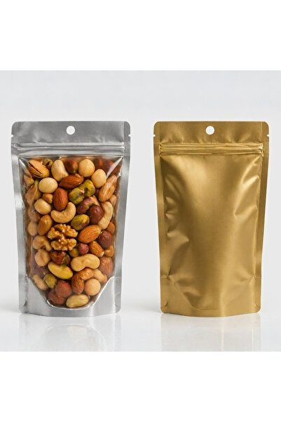 BKB AMBALAJ Gold Metalize Doypack Kilitli Ambalaj 13x22,5 cm – 100 Adet Ayakt...