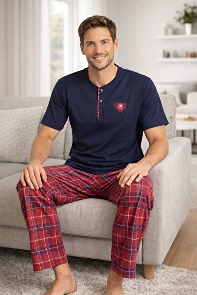 Tenra Men's 100% Cotton Pajama Set Navy Blue Top Red Plaid Bottom Short Sleev...