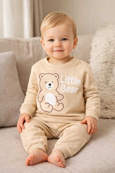 Tenra Unisex Bebek Bej Little Bear Baskılı %100 Pamuk 2’li Üst Alt Takım