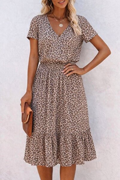 Wear Up Γυναικείο κοντομάνικο φόρεμα μίντι με λαιμόκοψη V και ελαστική μέση